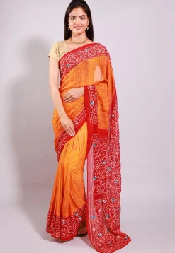 Bandhej Printed Pure Chinon Crepe Saree in Orange and Red