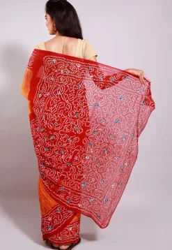Bandhej Printed Pure Chinon Crepe Saree in Orange and Red