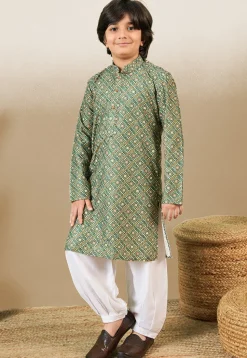 Bandhej Printed Pure Cotton Kurta Set in Dusty Green