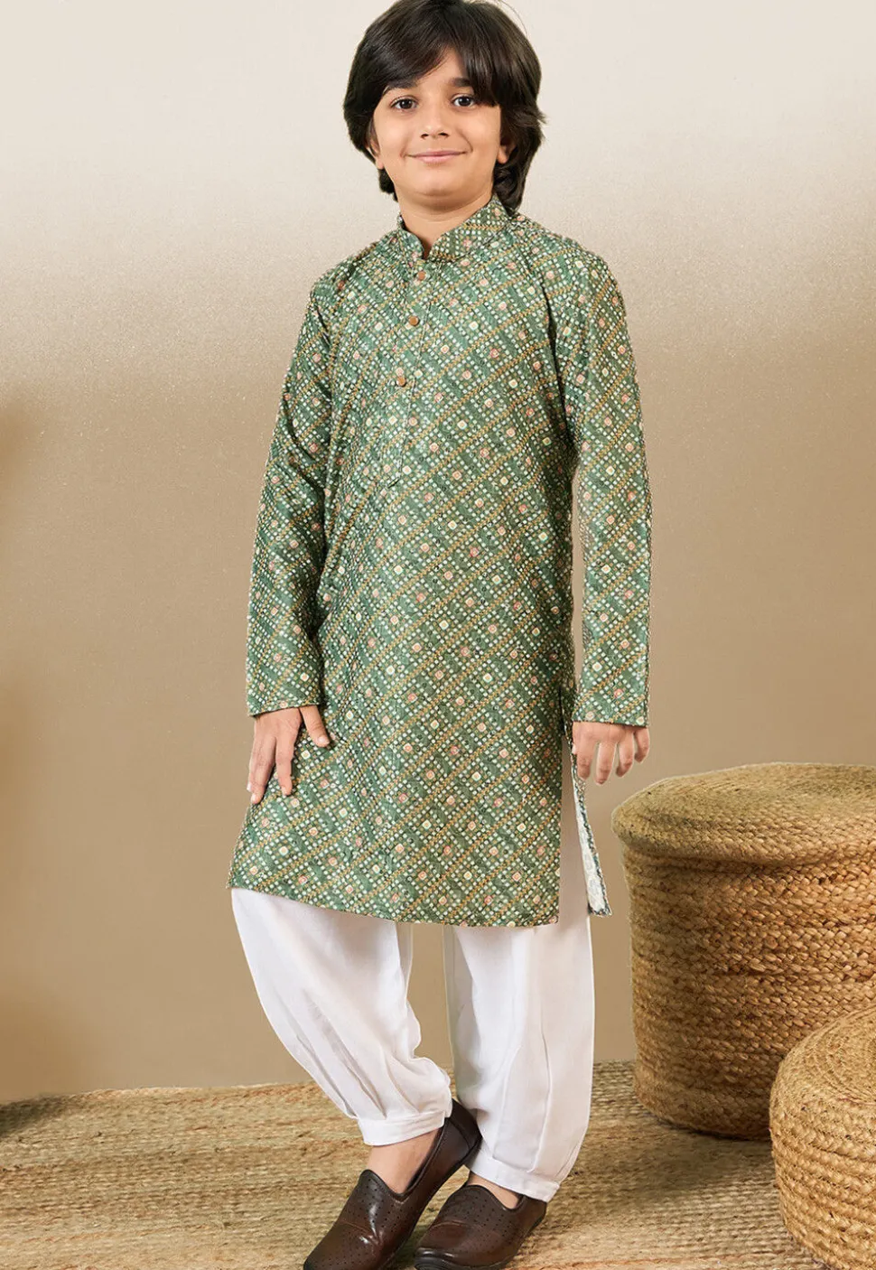 Bandhej Printed Pure Cotton Kurta Set in Dusty Green