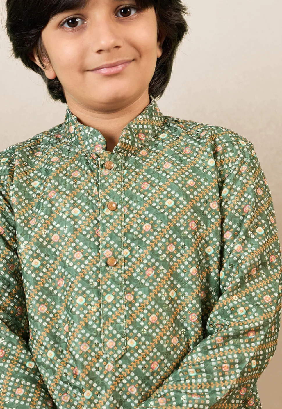 Bandhej Printed Pure Cotton Kurta Set in Dusty Green