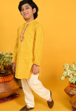 Bandhej Printed Pure Cotton Kurta Set in Yellow