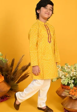 Bandhej Printed Pure Cotton Kurta Set in Yellow