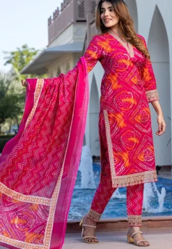 Bandhej Printed Pure Cotton Pakistani Suit in Fuchsia