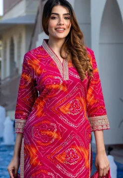Bandhej Printed Pure Cotton Pakistani Suit in Fuchsia
