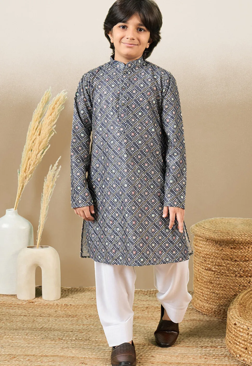Bandhej Printed Pure Cotton Kurta Set in Navy Blue
