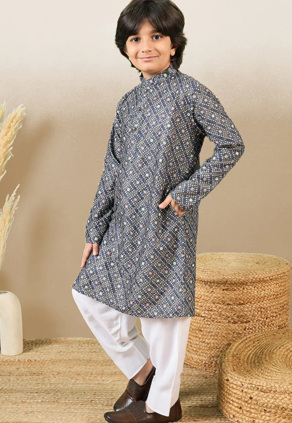 Bandhej Printed Pure Cotton Kurta Set in Navy Blue