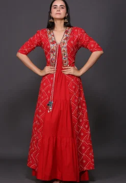 Bandhej Printed Pure Cotton Tiered Dress in Red