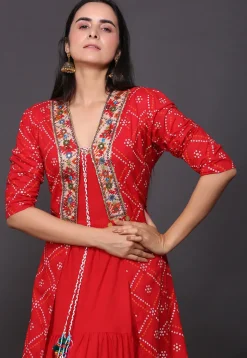 Bandhej Printed Pure Cotton Tiered Dress in Red