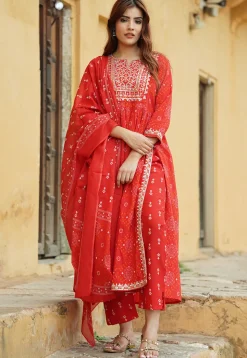 Bandhej Printed Pure Cotton Pakistani Suit in Red