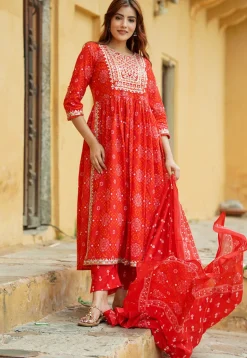 Bandhej Printed Pure Cotton Pakistani Suit in Red