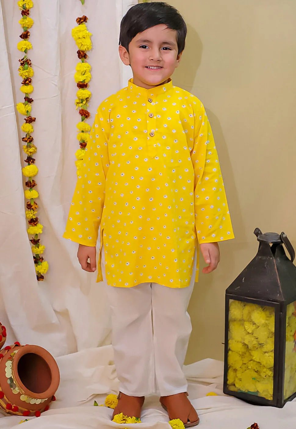 Bandhej Printed Pure Cotton Kurta Set in Yellow