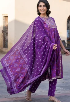 Bandhej Printed Pure Cotton Pakistani Suit in Purple