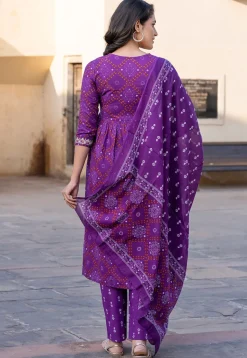 Bandhej Printed Pure Cotton Pakistani Suit in Purple