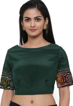 Bandhej Printed Pure Crepe Blouse in Dark Green