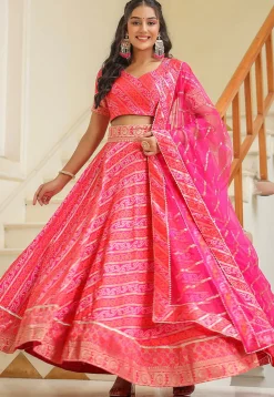 Bandhej Printed Pure Silk Brocade Lehenga in Pink
