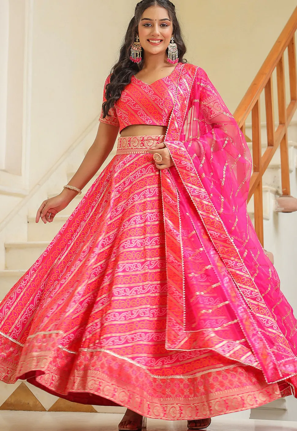 Bandhej Printed Pure Silk Brocade Lehenga in Pink