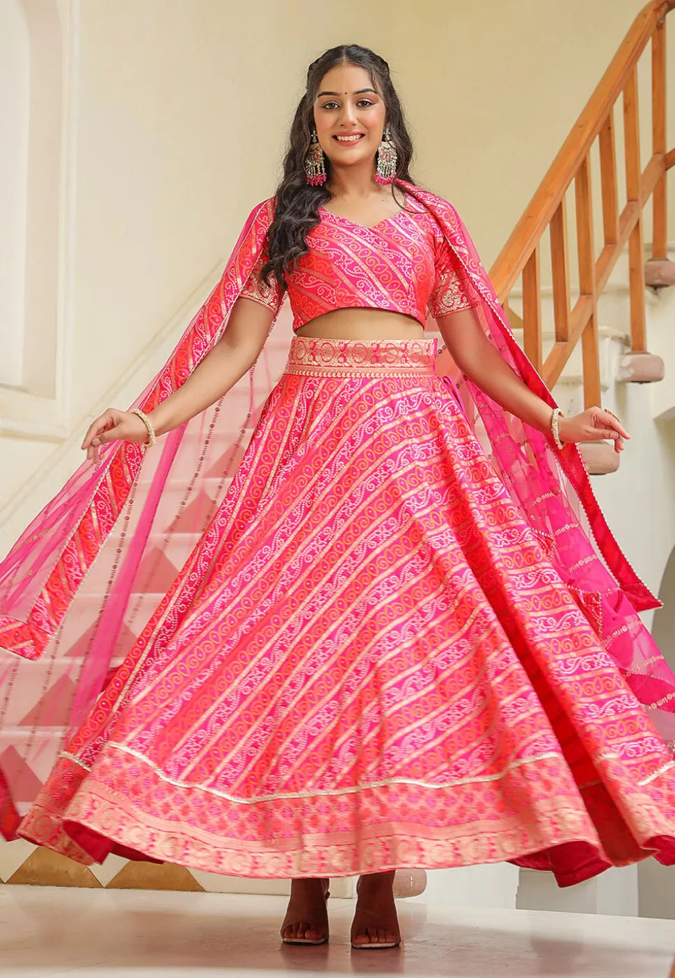Bandhej Printed Pure Silk Brocade Lehenga in Pink