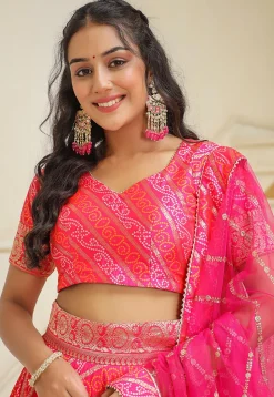 Bandhej Printed Pure Silk Brocade Lehenga in Pink