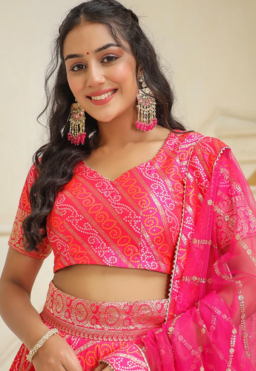 Bandhej Printed Pure Silk Brocade Lehenga in Pink