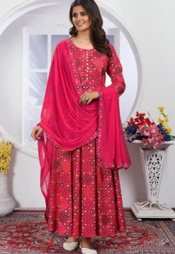 Bandhej Printed Rayon A Line Suit in Red