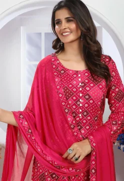 Bandhej Printed Rayon A Line Suit in Red