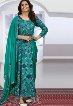 Bandhej Printed Rayon A Line Suit in Teal Green