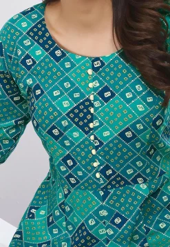 Bandhej Printed Rayon A Line Suit in Teal Green