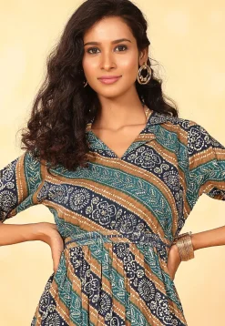 Bandhej Printed Rayon Aline Dress in Navy Blue and Teal Blue
