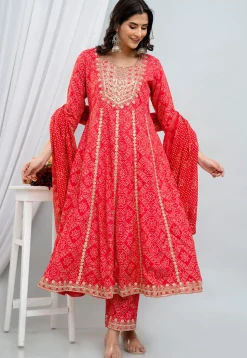 Bandhej Printed Rayon Anarkali Suit in Fuchsia