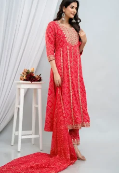 Bandhej Printed Rayon Anarkali Suit in Fuchsia