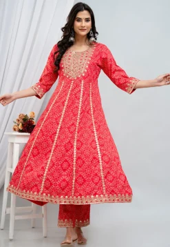 Bandhej Printed Rayon Anarkali Suit in Fuchsia