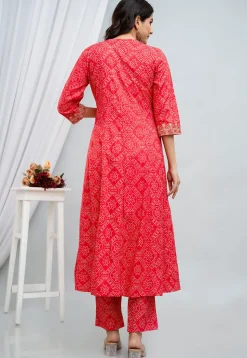 Bandhej Printed Rayon Anarkali Suit in Fuchsia