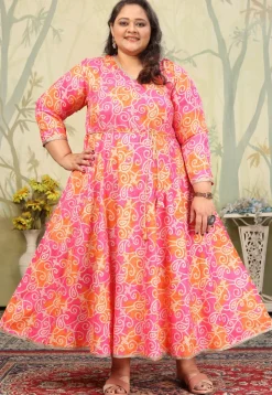 Bandhej Printed Rayon Gown in Pink