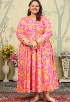 Bandhej Printed Rayon Gown in Pink