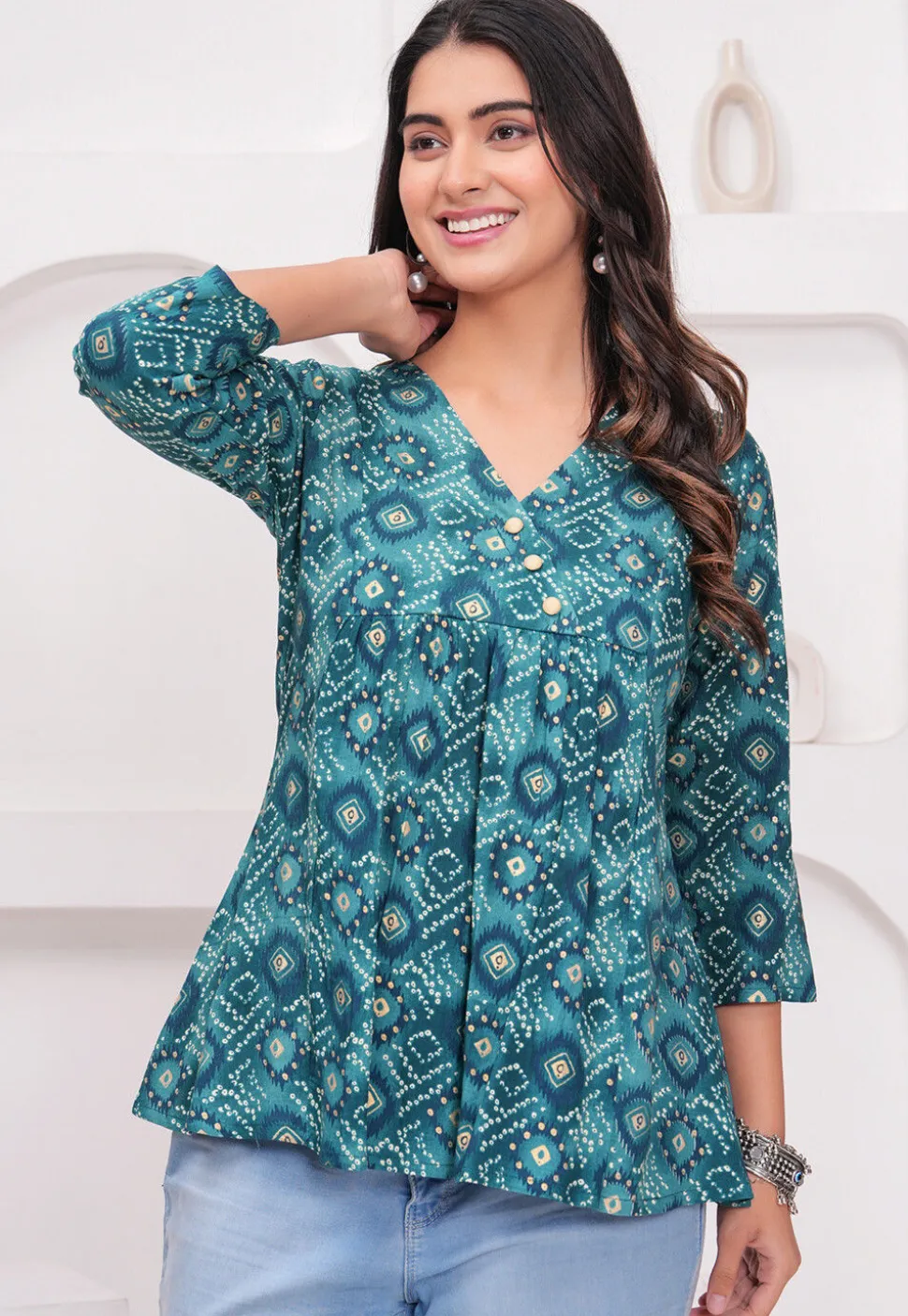 Bandhej Printed Rayon Kurti in Teal Blue