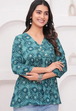 Bandhej Printed Rayon Kurti in Teal Blue