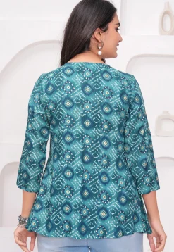 Bandhej Printed Rayon Kurti in Teal Blue