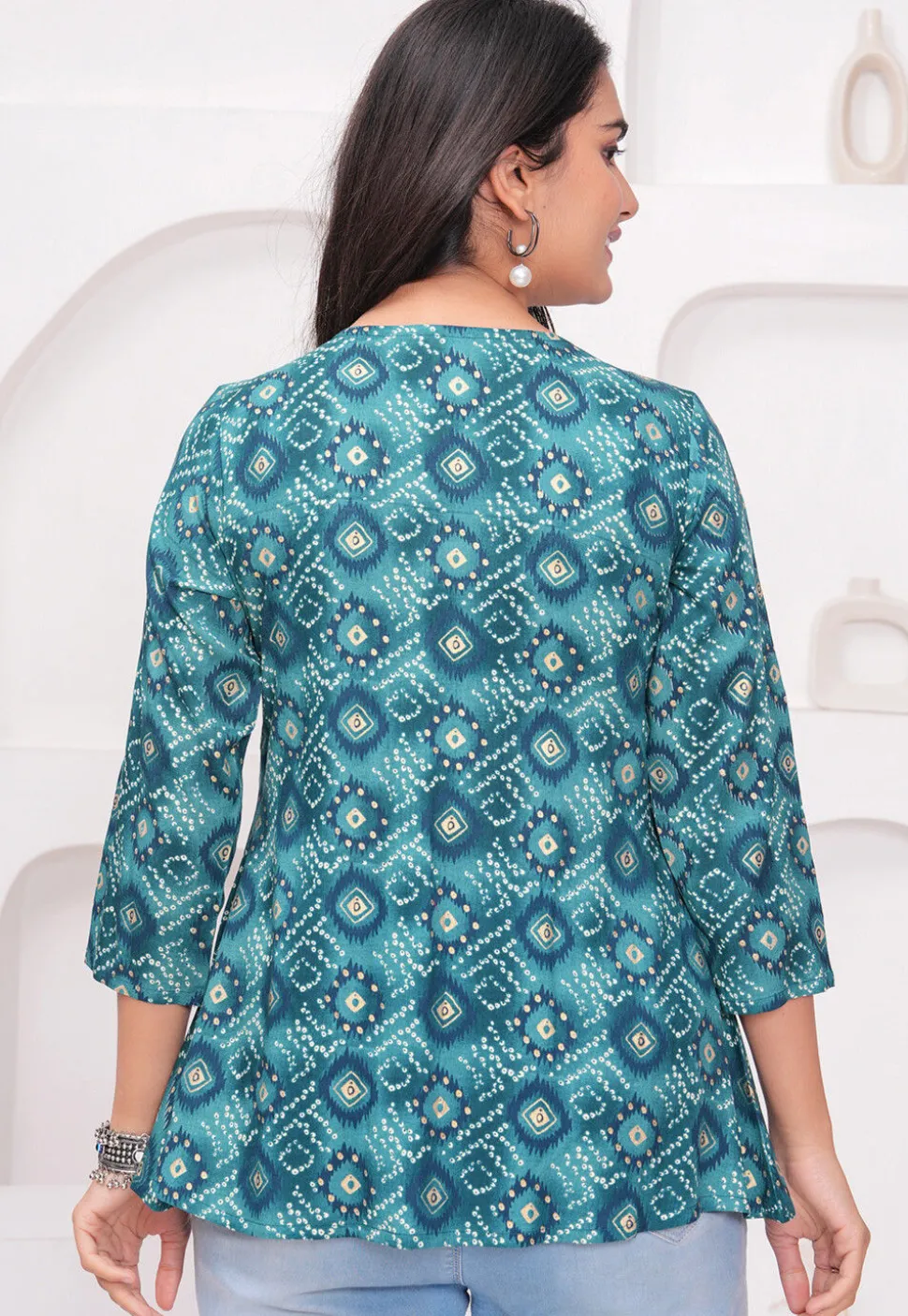 Bandhej Printed Rayon Kurti in Teal Blue