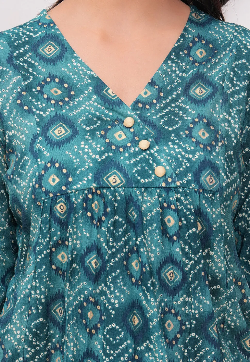 Bandhej Printed Rayon Kurti in Teal Blue