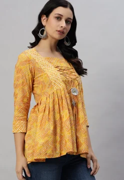 Bandhej Printed Rayon Kurti in Mustard