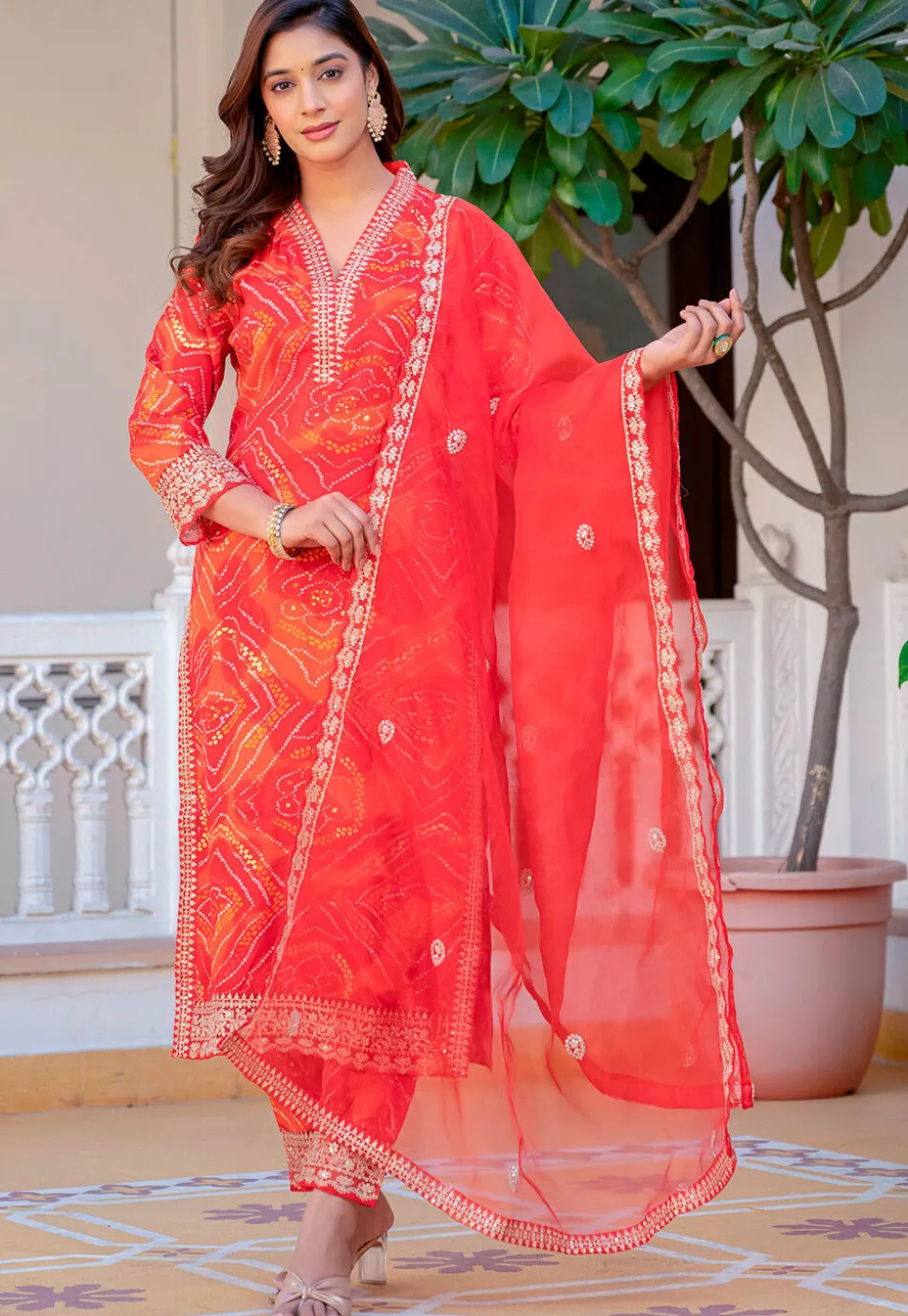 Bandhej Printed Rayon Pakistani Suit in Red