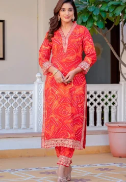 Bandhej Printed Rayon Pakistani Suit in Red
