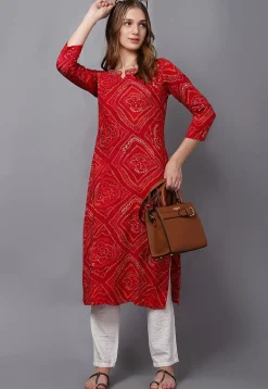 Bandhej Printed Rayon Straight Kurta in Red