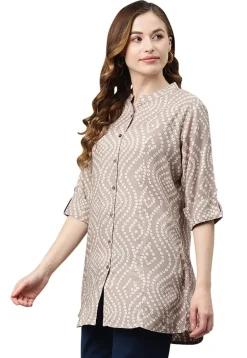 Bandhej Printed Rayon Tunic in Light Fawn
