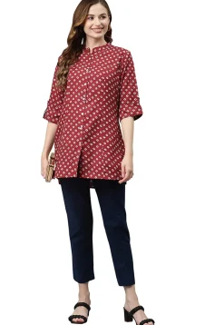 Bandhej Printed Rayon Tunic in Maroon