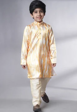 Bandhej Printed Satin Kurta Set in Cream