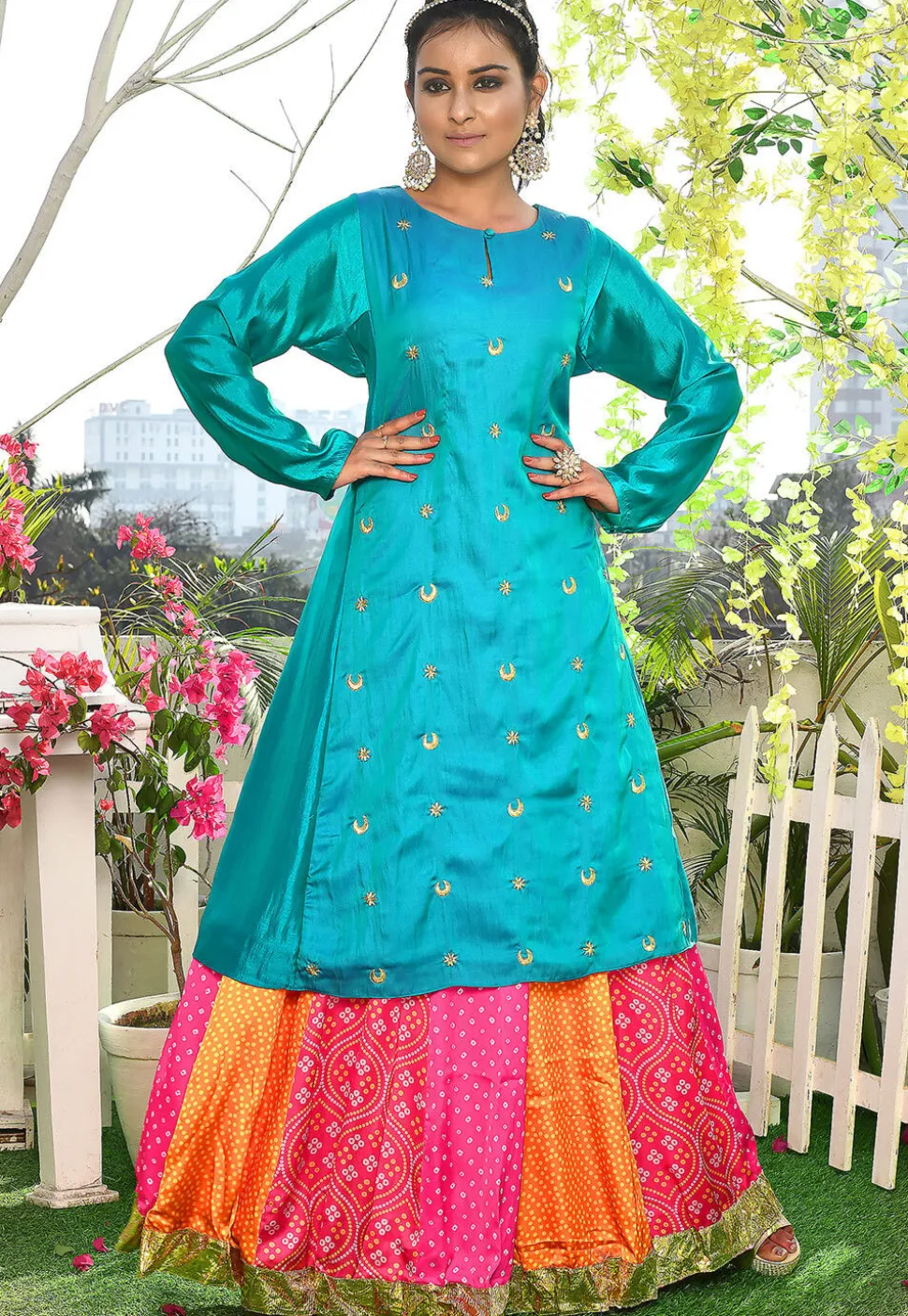 Bandhej Printed Satin Silk A Line Skirt in Multicolor