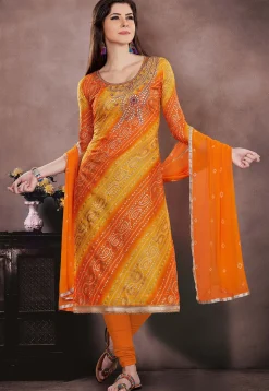 Bandhej Printed Super Net Straight Suit in Orange