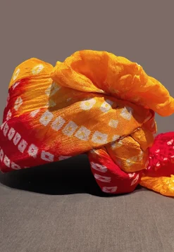 Bandhej Printed Taffeta Silk Turban in Mustard and Red